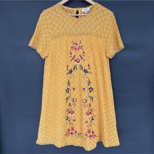 Umgee Women's Floral Embroidered Lace Mini Dress S Yellow Bohemian Boho Chic